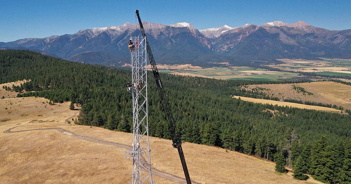 ITL workers during the construction process of a tower above the Mission Valley of the Flathead Reservation in northwest Montana.